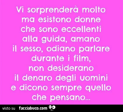 Vi sorprenderà molto ma esistono donne che sono eccellenti alla guida, amano il sesso, odiano parlare durante i film, non desiderano il denaro degli uomini e dicono sempre quello che pensano