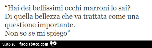 Hai dei bellissimi occhi marroni lo sai? Di quella bellezza che va trattata come una questione importante. Non so se mi spiego
