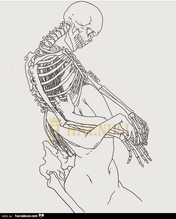 Lei dentro la gabbia toracica dello scheletro