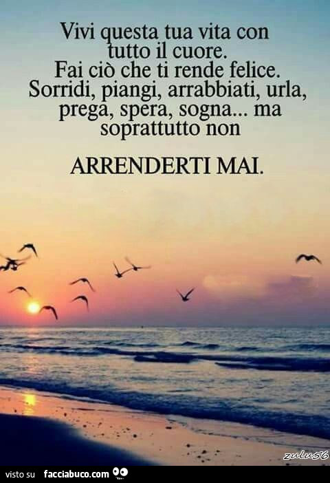 Vivi questa tua vita con tutto il cuore. Fai ciò che ti rende felice. Sorridi, piangi, arrabbiati, urla, prega, spera, sogna… ma soprattutto non arrenderti mai