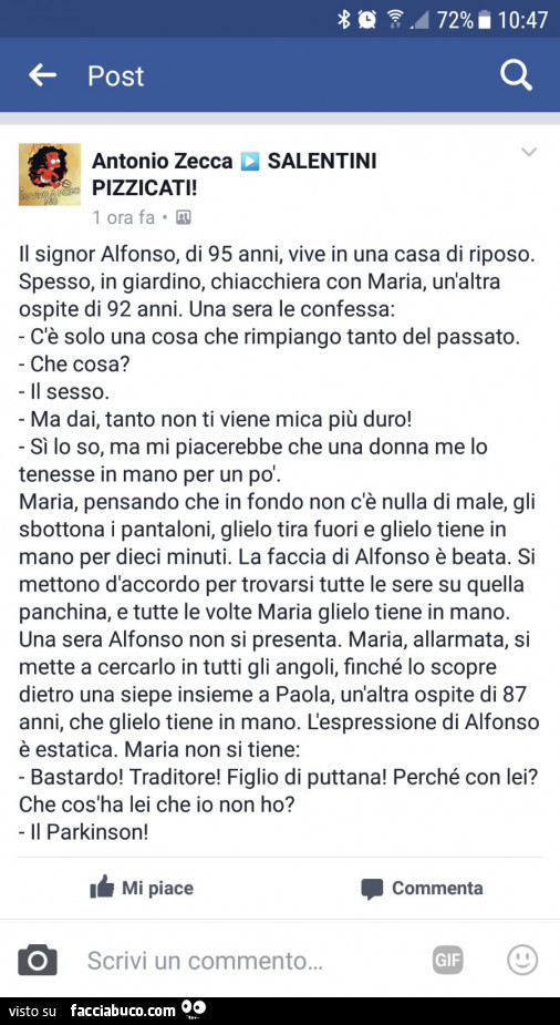 Il signor Alfonso, di 95 anni, vive in una casa di riposo. Spesso, in giardino, chiacchiera con maria, un'altra ospite di 92 anni. Una sera le confessa: c'è solo una cosa che rimpiango tanto del passato. Che cosa? Il sesso