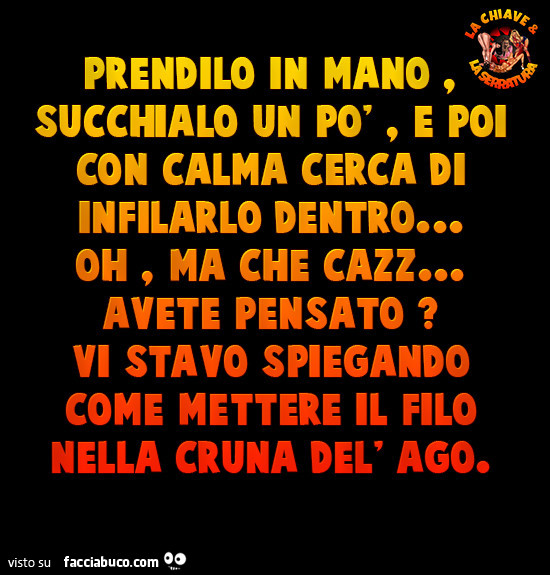 Prendilo in mano, succhialo un po' e poi con calma cerca di infilarlo dentro… oh, ma che cazz… avete pensato? Vi stavo spiegando come mettere il filo nella cruna dell'ago