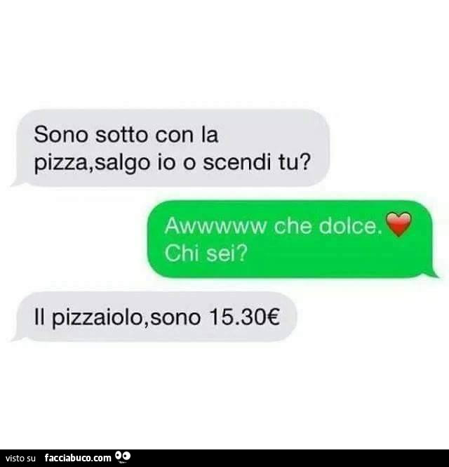 Sono sotto con la pizza, salgo io o scendi tu? Awwwww che dolce chi sei? Il pizzaiolo, sono 15.30€