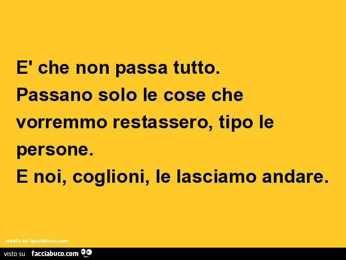 È che non passa tutto. Passano solo le cose che vorremmo restassero, tipo le persone. E noi, coglioni, le lasciamo andare