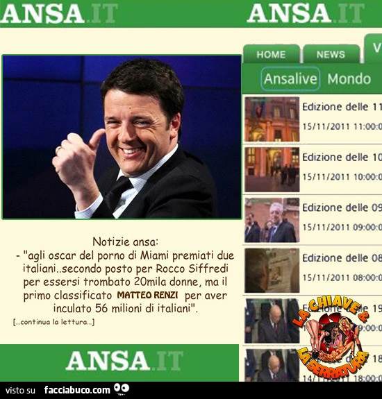 Notizie ansa: agli oscar del porno di miami premiati due italiani. Secondo posto per Rocco Siffredi per essersi trombato 20mila donne, ma il primo classificato Matteo Renzi per aver inculato 56 milioni di italiani