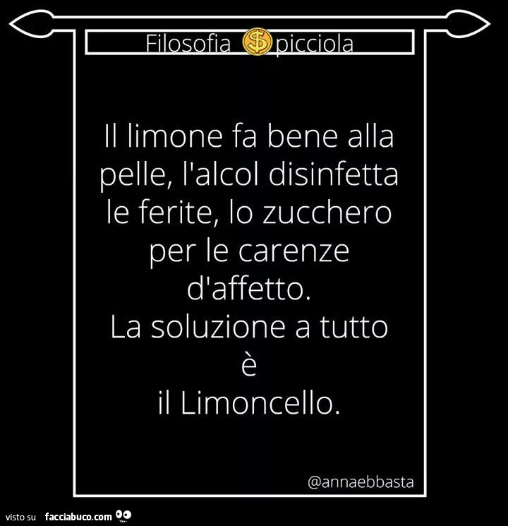 Il limone fa bene alla pelle. L'alcool disinfetta le ferite. Lo zucchero per le carenze d'affetto. La soluzione a tutto è il limoncello