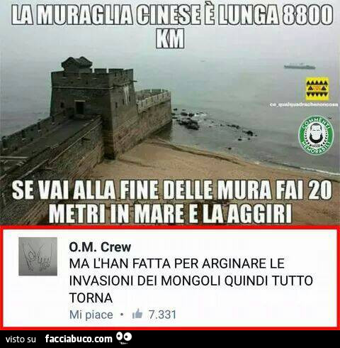 La muraglia cinese è lunga 8800 km, se vai alla fine delle mura fai 20 metri in mare e la aggiri. Ma l'han fatta per arginare le invasioni dei mongoli quindi tutto torna