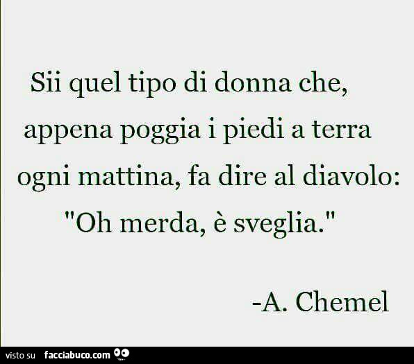 Sii quel tipo di donna che, appena poggia i piedi a terra ogni mattina, fa dire al diavolo: oh merda, è sveglia. A. Chemel