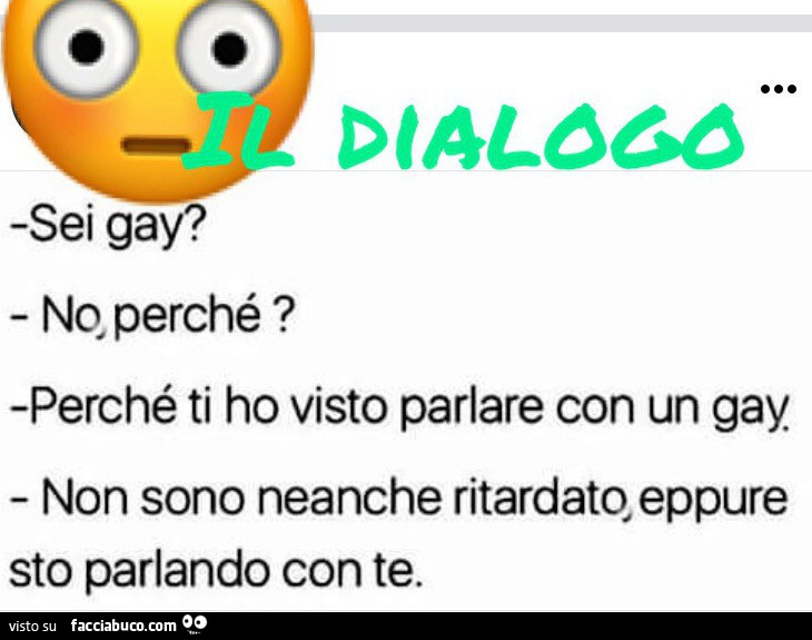 Il dialogo. Sei gay? No, perché? Perché ti ho visto parlare con un gay non sono neanche ritardato eppure sto parlando con te