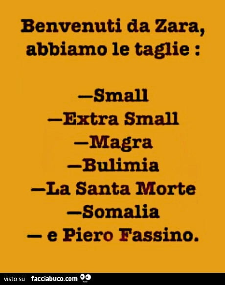 Benvenuti da zara, abbiamo le taglie: small, extra small, magra, bulimia, la santa morte, somalia, e Piero Fassino