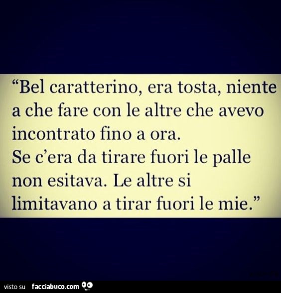 Bel caratterino, era tosta, niente a che fare con le altre che avevo incontrato fino a ora. Se c'era da tirare fuori le palle non esitava. Le altre si limitavano a tirar fuori le mie