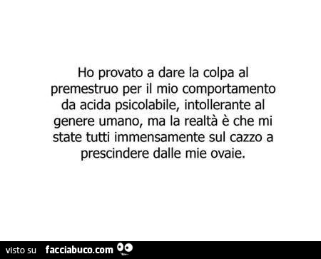 Ho provato a dare la colpa al premestruo per il mio comportamento da acida psicolabile, intollerante al genere umano, ma la realtà è che mi state tutti immensamente sul cazzo a prescindere dalle mie ovaie