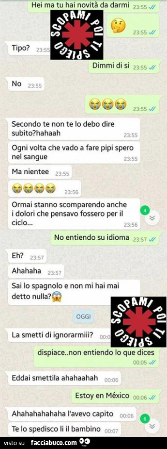 Ogni volta che vado a fare pipì spero nel sangue ma niente. No entiendo su idioma. Estoy en Mexico