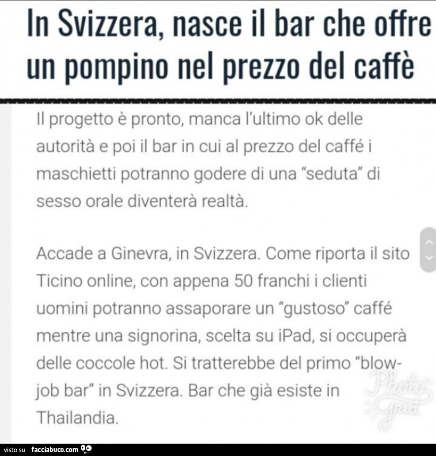 In svizzera, nasce il bar che offre un pompino nel prezzo del caffè -  Facciabuco.com