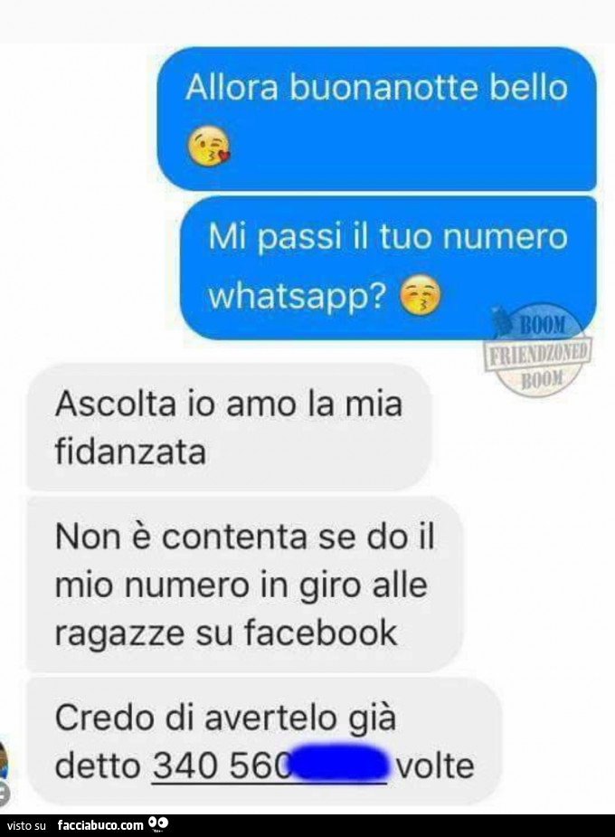 Allora buonanotte bello, mi passi il tuo numero whatsapp? Ascolta io amo la mia fidanzata, non è contenta se do il mio numero in giro alle ragazze su facebook, credo di avertelo già detto 34056xxx volte
