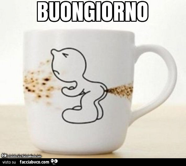 Omino che fa la cacca disegnato sulla tazza. Buongiorno