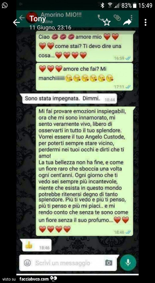 Ciao amore mio come stai? Ti devo dire una cosa… amore che fai? Mi manchiiiiiii. Sono stata impegnata. Dimmi. Mi fai provare emozioni inspiegabili, ora che mi sono innamorato, mi sento veramente vivo, libero di osservarti in tutto il tuo splendore.