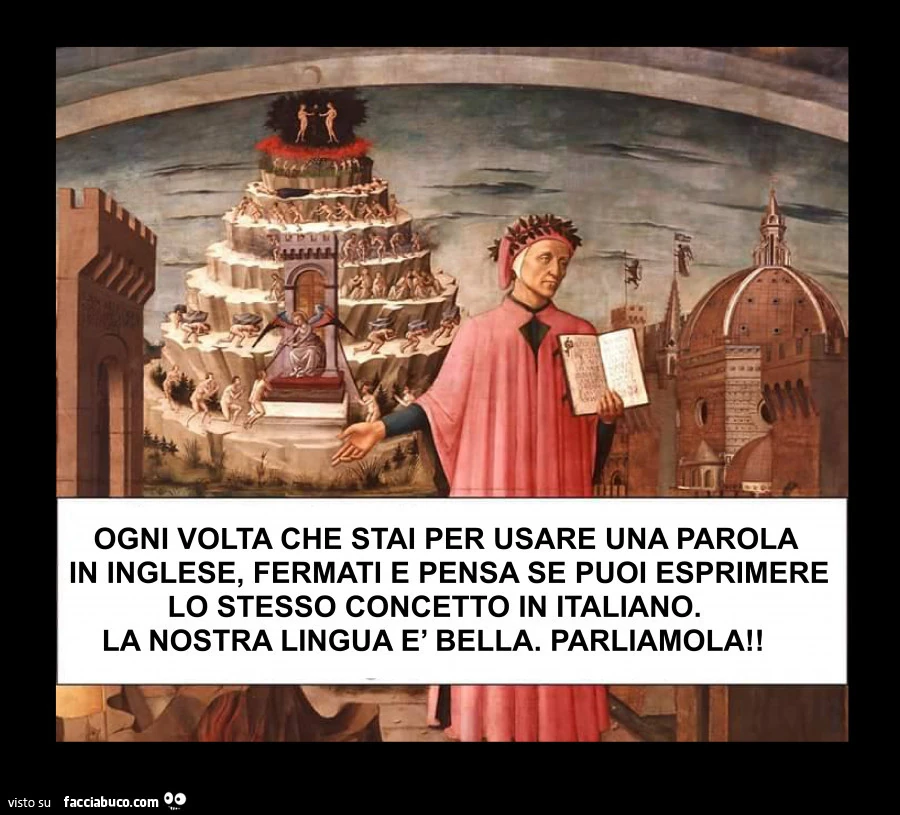 Ogni volta che stai per usare una parola in inglese, fermati e pensa se puoi esprimere lo stesso concetto in italiano. La nostra lingua è bella. Parliamola