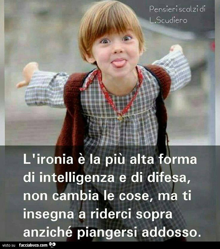 L'ironia è la più alta forma di intelligenza e di difesa, non cambia le cose, ma ti insegna a riderci sopra anziché piangersi addosso