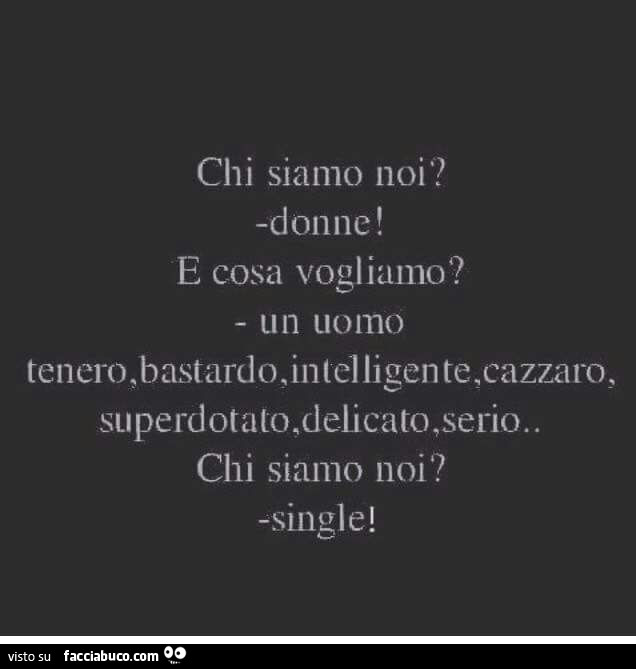 Chi siamo noi? Donne! E cosa vogliamo? Un uomo superdotato, delicato, serio. Chi siamo noi? Single