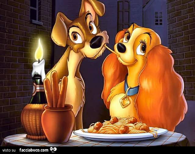 Lilli e il vagabondo mangiano spaghetti