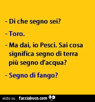 Di che segno sei? Toro. Ma dai, io pesci. Sai cosa significa segno di terra più segno d'acqua? Segno di fango?