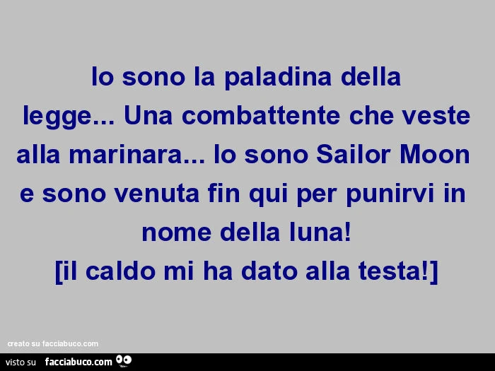 Io sono la paladina della legge&hellip; Una combattente che veste alla marinara&hellip; Io sono Sailor Moon e sono venuta fin qui per punirvi in nome della luna! [Il caldo mi ha dato alla testa! ]