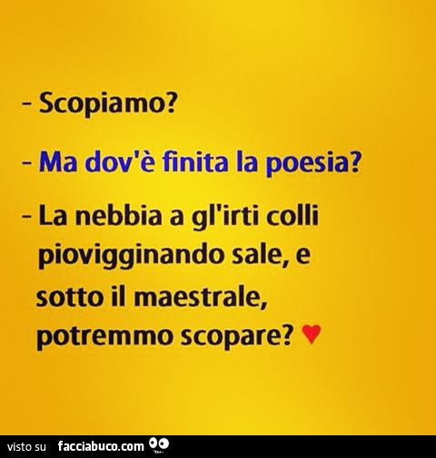 Scopiamo? Ma dov'è finita La poesia? La nebbia a gl'irti colli piovigginando sale e sotto il maestrale potremmo scopare?