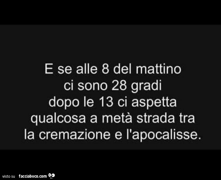 E se alle 8 del mattino ci sono 28 gradi dopo le 13 ci aspetta qualcosa a metà strada tra la cremazione e l'apocalisse