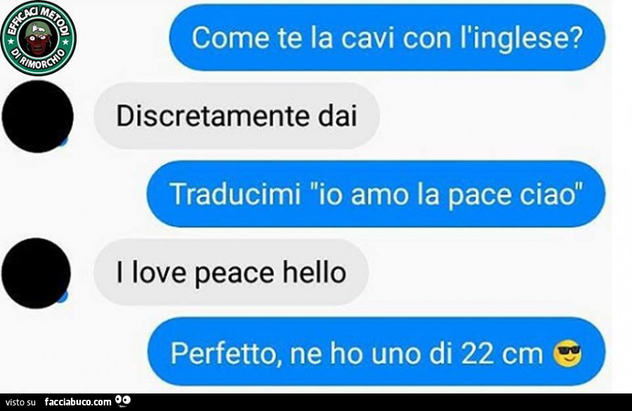 Come te la cavi con l'inglese? Discretamente dai traducimi io amo la pace ciao i love peace hello perfetto, ne ho uno di 22 cm