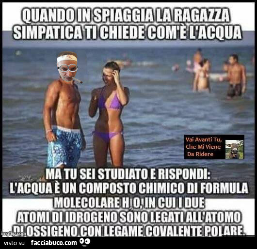 Quando in spiaggia la ragazza simpatica ti chiede com'è l'acqua ma tu sei studiato e rispondi: l'acqua è un composto chimico di formula molecolare