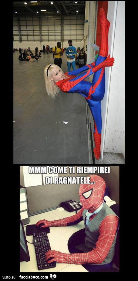 Bionda vestita da spiderman fa la spaccata sul muro. Mmm come ti riempirei di ragnatele