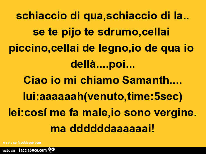 Schiaccio di qua, schiaccio di la. Se te pijo te sdrumo, cellai piccino, cellai de legno, io de qua io dellà… poi… ciao io mi chiamo samanth… lui: aaaaaah(venuto, time: 5sec) lei: cosí me fa male, io sono vergine. Ma ddddddaaaaaai