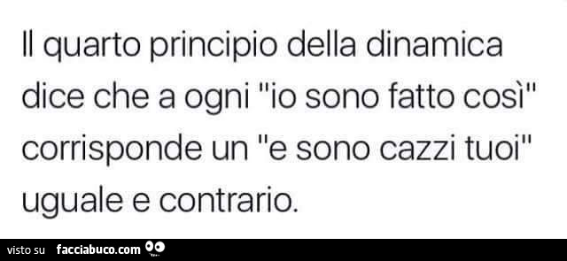 Il quarto principio della dinamica dice che a ogni io sono fatto così corrisponde un: e sono cazzi tuoi uguale e contrario