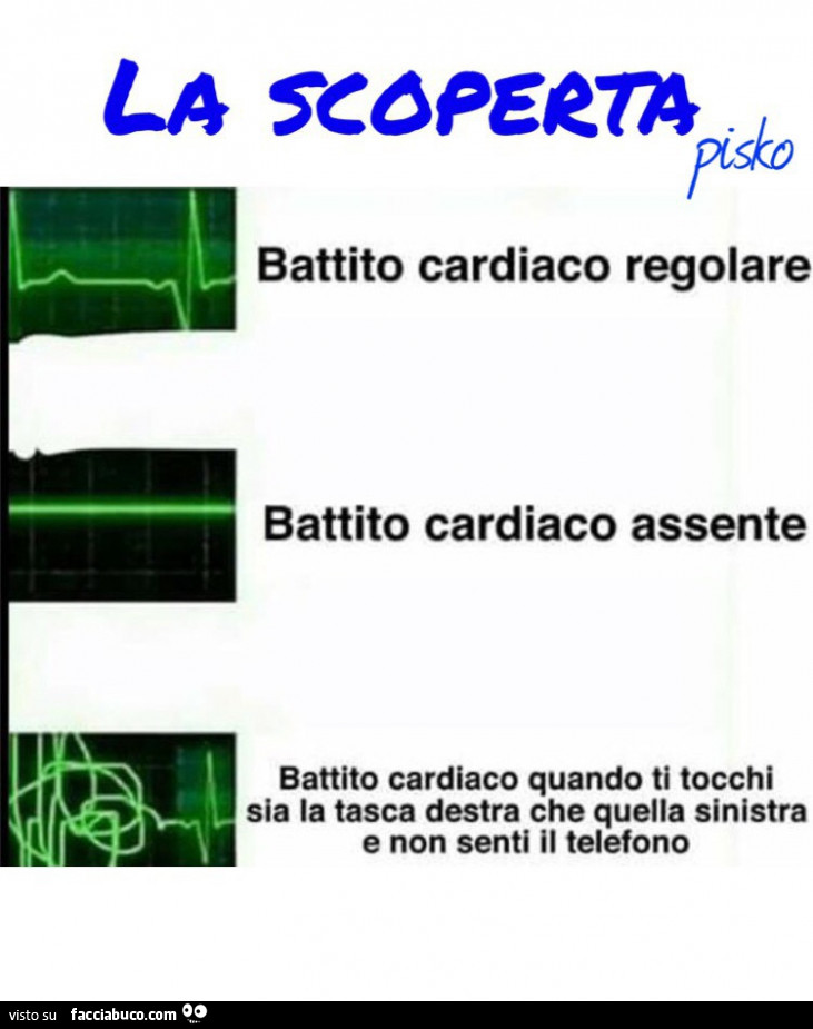 La scoperta. Battito cardiaco regolare. Battito cardiaco assente. Battito cardiaco quando ti tocchi sia la tasca destra che quella sinistra e non senti il telefono