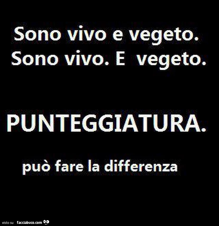 Sono vivo e vegeto. Sono vivo. E vegeto. Punteggiatura. Può fare la differenza