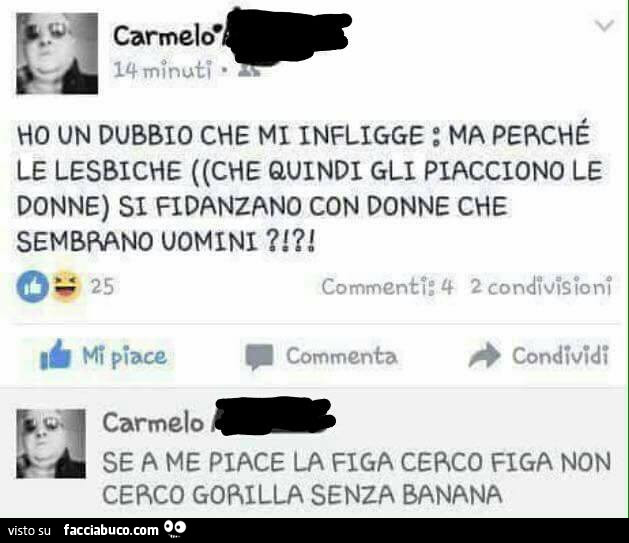 Ho un dubbio che mi infligge: ma perché le lesbiche, che quindi gli piacciono le donne, si fidanzano con donne che sembrano uomini? Se a me piace la figa cerco figa non cerco gorilla senza banana