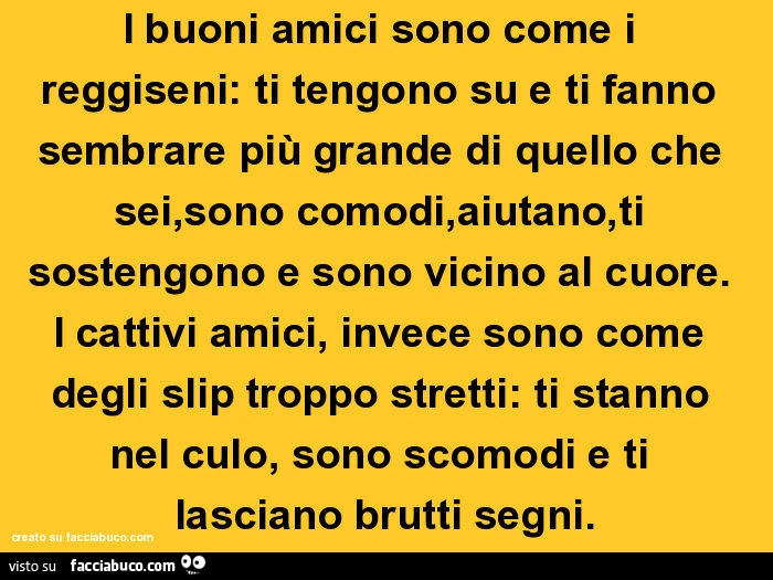 I buoni amici sono come i reggiseni: ti tengono su e ti fanno sembrare più grande di quello che sei, sono comodi, aiutano, ti sostengono e sono vicino al cuore. I cattivi amici, invece sono come degli slip troppo stretti: ti stanno nel culo, sono scomodi