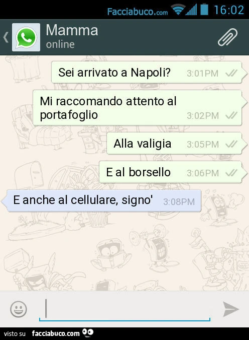 Sei arrivato a Napoli? Mi raccomando attento al portafoglio Alla valigia E al borsello E anche al cellulare, signò