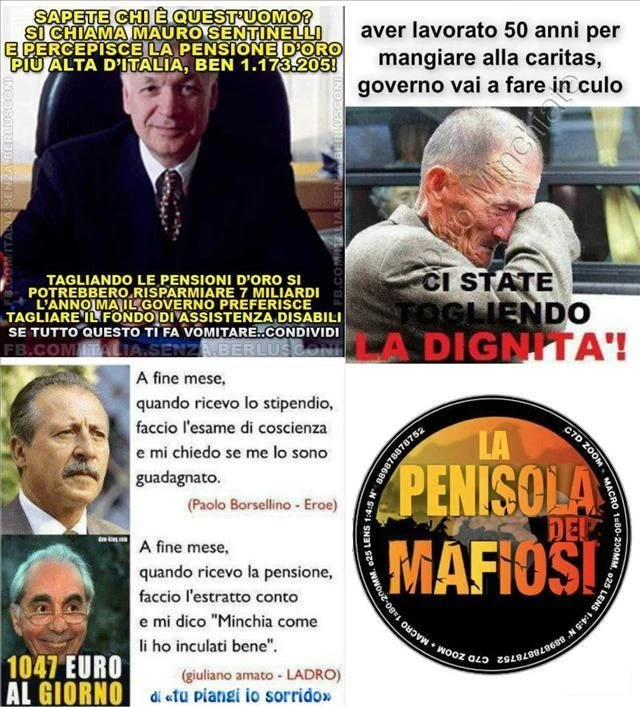 Tagliando le pensioni d'oro si potrebbe risparmiare 7 miliardi l'anno. La penisola dei mafiosi