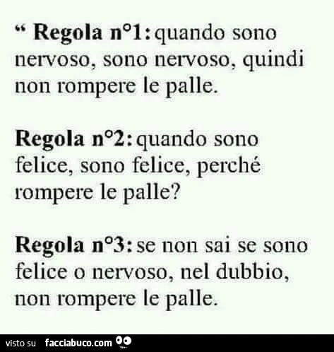 Regola n1: quando sono nervoso sono nervoso, quindi non rompere le palle