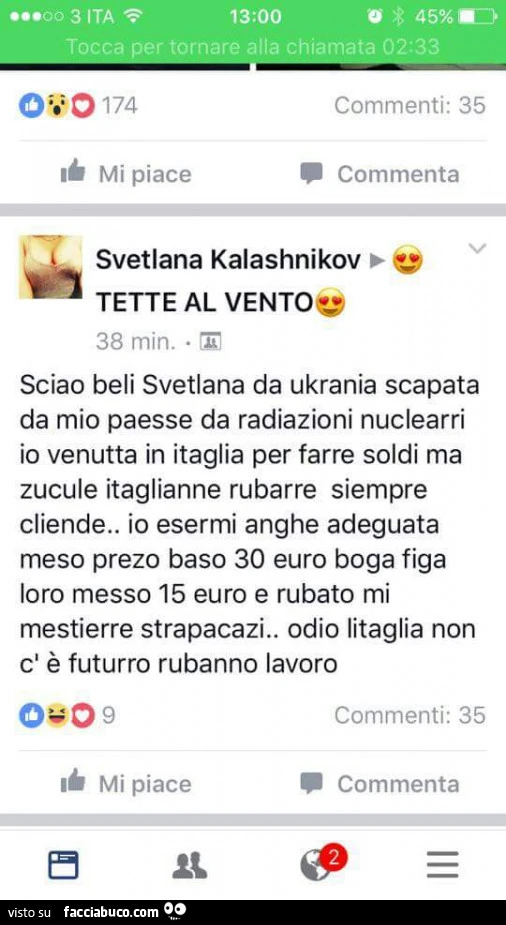 Svetlana Kalashnikov tette al vento. Sciao beli svetlana da ukrania scapata da mio paesse da radiazioni nuclearri io venutta in itaglia per farre soldi ma zucule itaglianne rubarre siempre cliende. Io esermi anghe adeguata