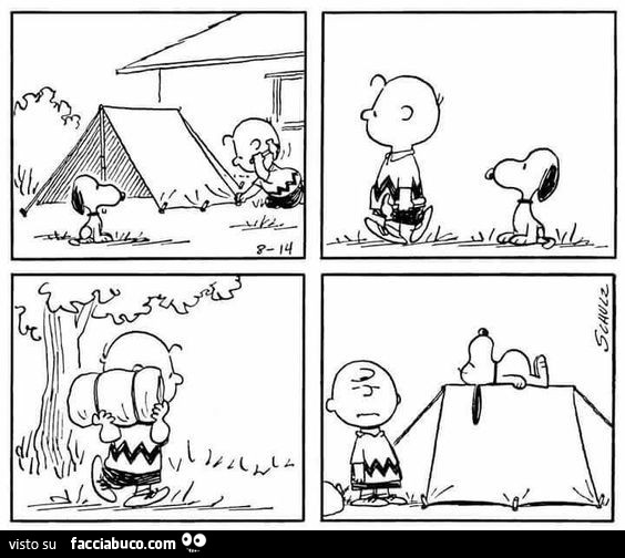 Charlie Brown monta la tenda. Snoopy ci si mette sopra