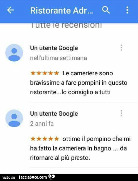 Ristorante Recensioni: le cameriere sono bravissime a fare pompini in questo ristorante… lo consiglio a tutti. Ottimo il pompino che mi ha fatto la cameriera in bagno… da ritornare al più presto