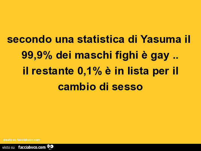 Secondo una statistica di yasuma il 99,9% dei maschi fighi è gay. Il restante 0,1% è in lista per il cambio di sesso