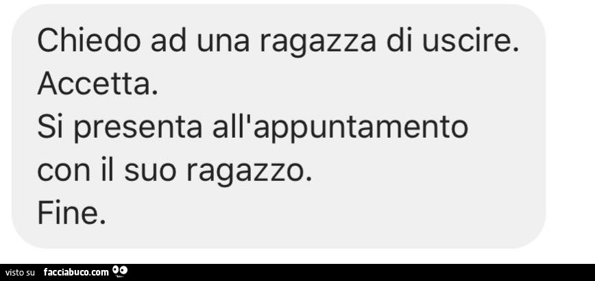 Chiedo ad una ragazza di uscire. Accetta. Si presenta all'appuntamento con il suo ragazzo. Fine