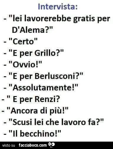 Intervista: lei lavorerebbe gratis per d'alema? Certo. E per grillo? Ovvio. E per berlusconi? Assolutamente! E per renzi? Ancora di più! Scusi lei che lavoro fa? Il becchino