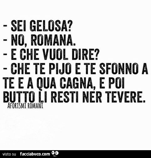 Sei gelosa? No, Romana. E che vuol dire? Che te pijo e te sfonno a te e a qua cagna, e poi butto li resti ner tevere