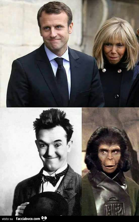 Macron e sua moglie, somiglianza con Stan Laurel e la scimmia del pianeta delle scimmie